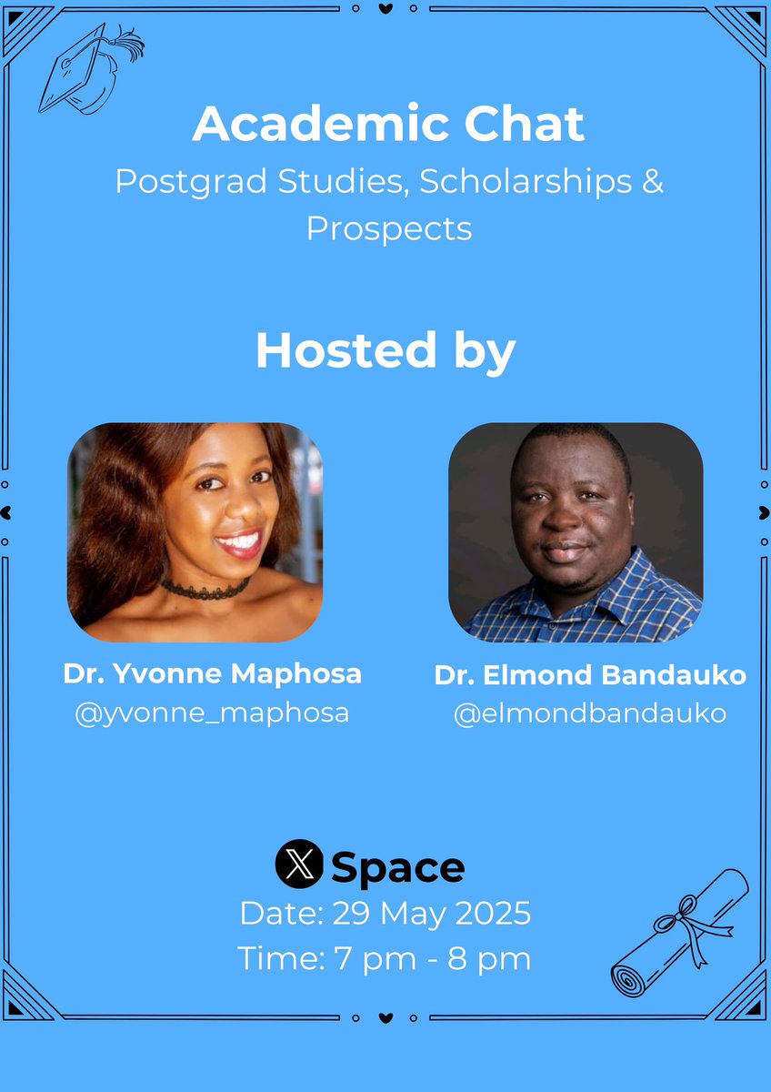 Dr. Yvonne Maphosa (@yvonne_maphosa) on Twitter photo We are resuming our Academic Spaces tomorrow at 7 pm with <a href="/elmondbandauko/">Dr. Elmond Bandauko</a>
In these Spaces, we discuss everything ACADEMIC - postgraduate studies, publishing, ratings, research, career paths, scholarships, funding … all of it.
Link to Space: 👇
x.com/i/spaces/1dRJZ… We are resuming our Academic Spaces tomorrow at 7 pm with <a href="/elmondbandauko/">Dr. Elmond Bandauko</a>
In these Spaces, we discuss everything ACADEMIC - postgraduate studies, publishing, ratings, research, career paths, scholarships, funding … all of it.
Link to Space: 👇
x.com/i/spaces/1dRJZ…