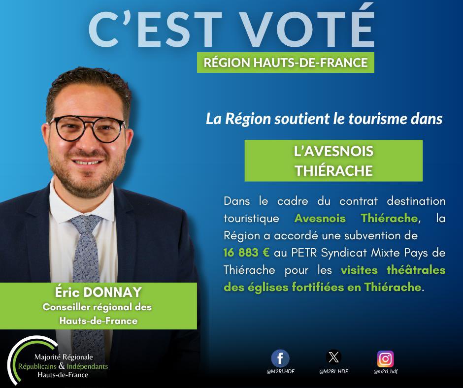 Eric Donnay (@ericdonnay3) on Twitter photo C'EST VOTÉ !
La région Hauts-de-France renforce son engagement envers le tourisme en Thiérache , dans le cadre du contrat destination touristique 
Un grand pas pour valoriser notre patrimoine et dynamiser le tourisme local ! C'EST VOTÉ !
La région Hauts-de-France renforce son engagement envers le tourisme en Thiérache , dans le cadre du contrat destination touristique 
Un grand pas pour valoriser notre patrimoine et dynamiser le tourisme local !