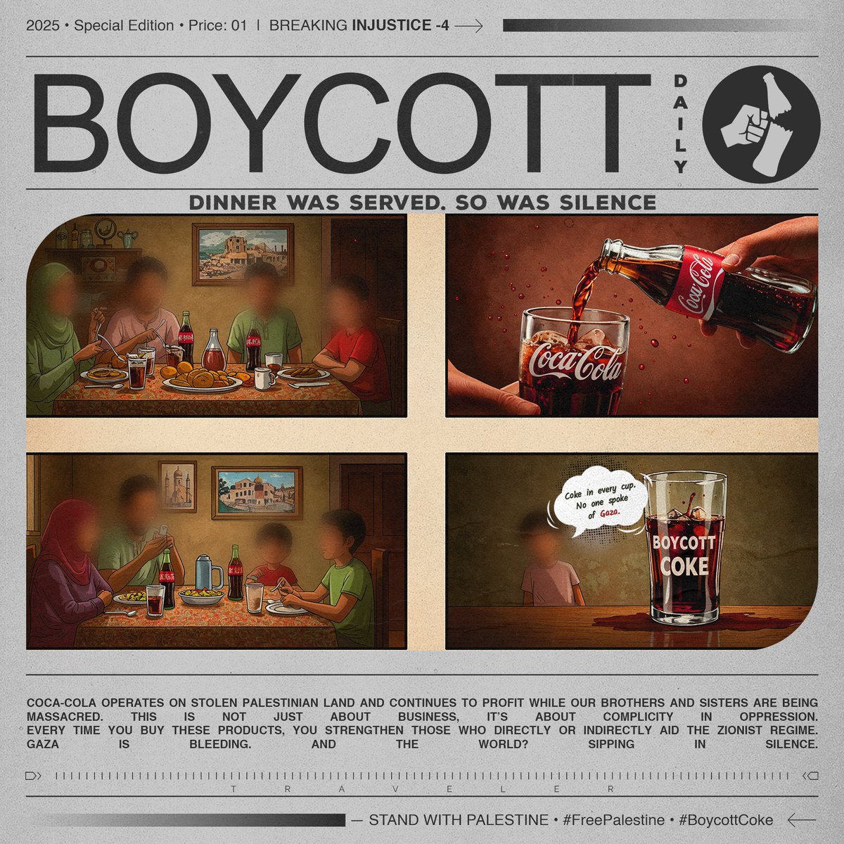voiceofamusafir's tweet photo. The table was full.
Plates passed. Glasses filled.
Coke in every cup.
No one spoke of Gaza.
But silence was loud.
Even your meals take a side.
#BoycottCoke • #NotInMyFridge • #UmmahWithPalestine https://t.co/JohVYlFL1I