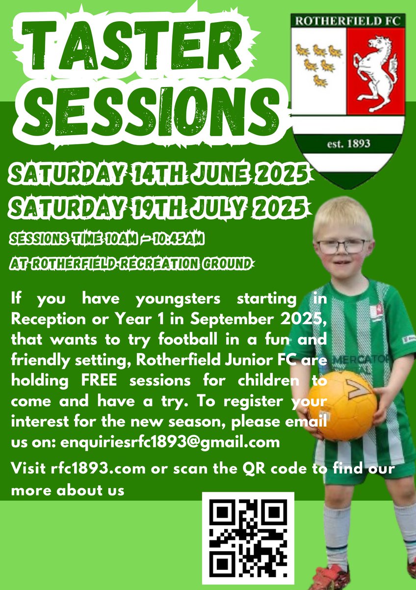 Rotherfield FC (@rfc1893) on Twitter photo New dates for taster sessions below. Contact enquiriesrfc1893@gmail.com if you have a child that wants to give football a try! New dates for taster sessions below. Contact enquiriesrfc1893@gmail.com if you have a child that wants to give football a try!