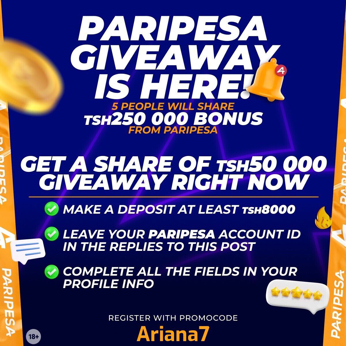 Ariana7_J's tweet photo. Giveaway leo
Watu 5 washinde 150000 TSH kila mmoja
Tumia promo code kutengeneza akaunti
Fanya deposit ya 8,000 TSH
Acha Paripesa ID yako kwenye comments
Jaza profile yako vizuri
Fungua DMs zako kwenye Х https://t.co/NHCA8O5Q2d