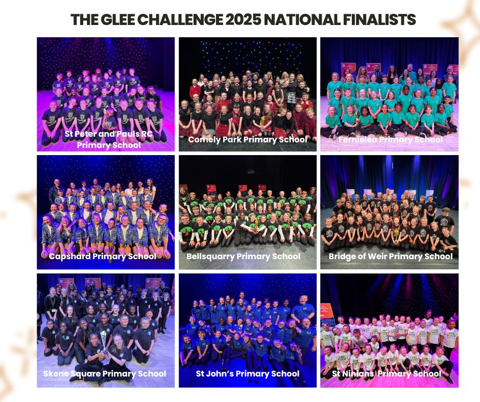 Scottish Primary School Glee Challenge 2025
National Final- 22nd June 2025
NATIONAL FINALISTS
Over 5100 children, 178 choirs (183 schools) started this journey of 23 heats and 6 Regional Finals.
We can now confirm the 9 National Finalists.
Ticket arrangements TBA
#thisisglee