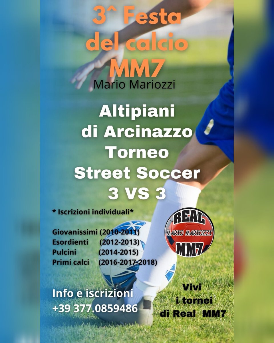Realmm7calcio's tweet photo. +++ Iscriviti  alla Festa del calcio MM7, primo torneo 3vs3 tra il nord Ciociaria e la Valle Aniene. Info 377.0859486+++
#MarioMariozzi #MM7 #tornei #calcio  #AltipianidiArcinazzo #Affile #filettino #Fiuggi #Roiate #trevinellazio #primicalci #pulcini #esordienti #giovanissimi https://t.co/J5GeiaYAXr
