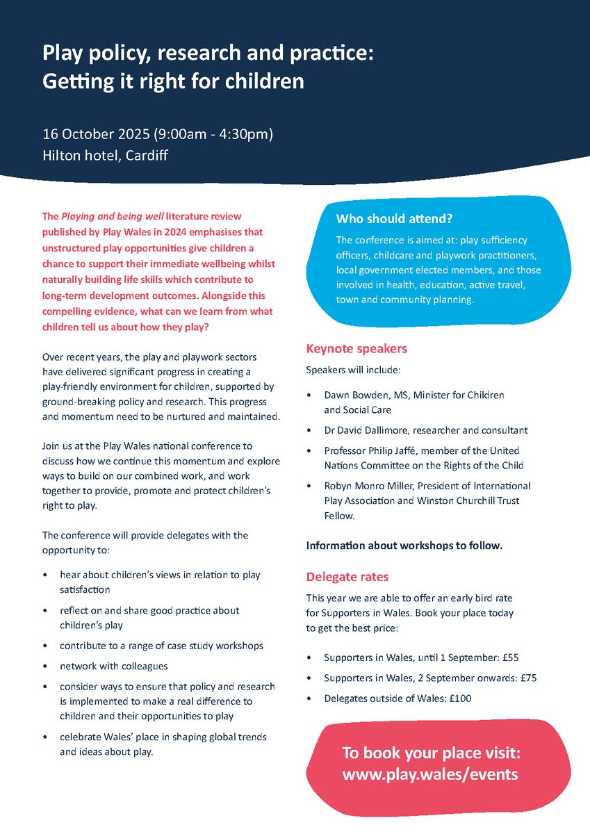 🎉Good news – Booking is open for our national conference, Play policy, research and practice: Getting it right for children (taking place 16 October 2025)

Early bird rates are available for supporters in Wales until 1 September.

Book your place today👇
play.wales/events/play-wa…