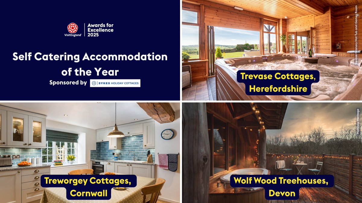 VisitEnglandBiz (@visitenglandbiz) on Twitter photo Best of luck to the finalists of #SelfCateringAccommodationOfTheYear, sponsored by <a href="/sykescottages/">Sykes Holiday Cottages</a>.
Trevase Cottages, Herefordshire
Treworgey Cottages, Cornwall
Wolf Wood Treehouses, Devon
Gold, silver & bronze winners will be announced on 4 June <a href="/brightdome/">Brighton Dome</a>! #VEAwards2025 Best of luck to the finalists of #SelfCateringAccommodationOfTheYear, sponsored by <a href="/sykescottages/">Sykes Holiday Cottages</a>.
Trevase Cottages, Herefordshire
Treworgey Cottages, Cornwall
Wolf Wood Treehouses, Devon
Gold, silver & bronze winners will be announced on 4 June <a href="/brightdome/">Brighton Dome</a>! #VEAwards2025
