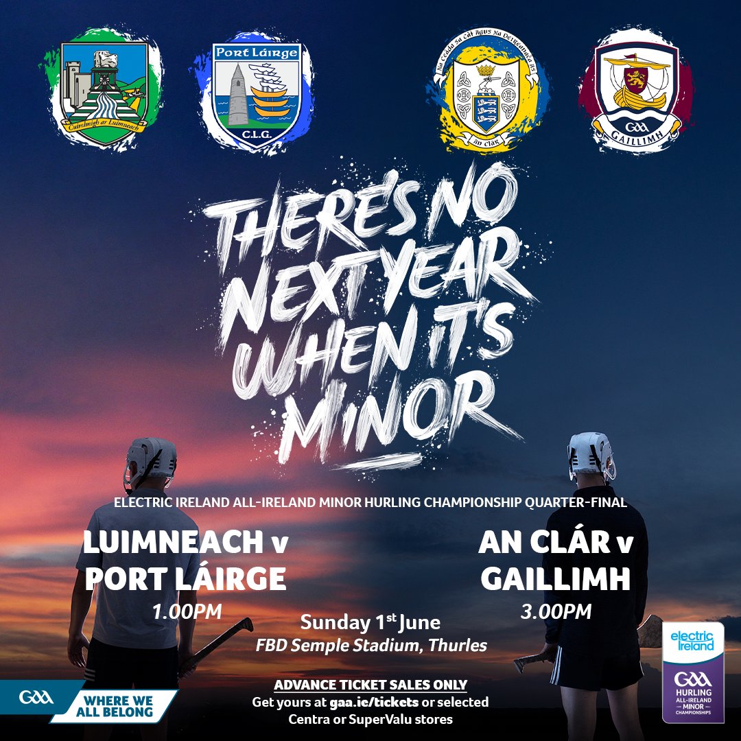 Electric Ireland All Ireland Minor Hurling Championship Quarter Final
 
🥎Waterford v Limerick
🗓️Sunday 1st June @ 1:00PM 
🏟️FBD Semple Stadium, Thurles

Tickets: am.ticketmaster.com/gaa/minorhurli…