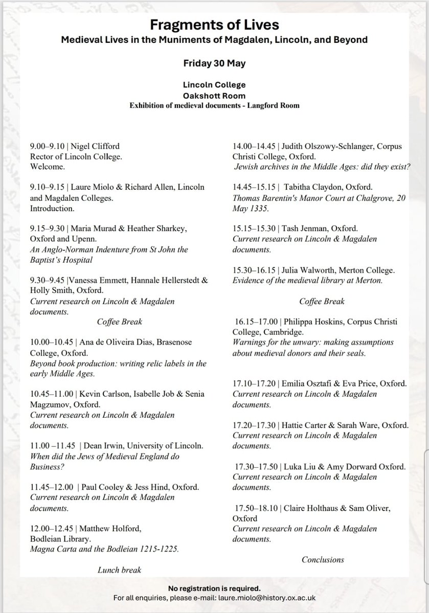 Oxford Medieval Studies (@oxmedstud) on Twitter photo 🗓️ Friday 30 May 🗓️
Join us at Lincoln College this Friday for 'Fragments of Lives', a day of discoveries about medieval lives in the muniments of <a href="/magdalenoxford/">Magdalen College</a>, <a href="/LincolnOutreach/">Lincoln College Oxford</a> and beyond! 🗓️ Friday 30 May 🗓️
Join us at Lincoln College this Friday for 'Fragments of Lives', a day of discoveries about medieval lives in the muniments of <a href="/magdalenoxford/">Magdalen College</a>, <a href="/LincolnOutreach/">Lincoln College Oxford</a> and beyond!