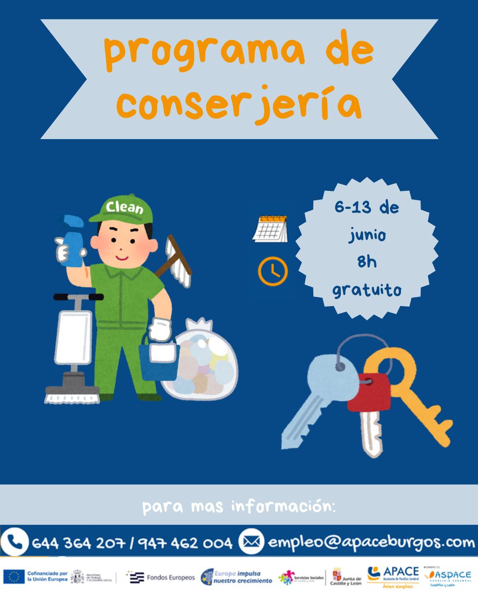 APACE Burgos (@apaceburgos) on Twitter photo 📢Inscripciones Abiertas 📷¿Te gustaría aprender sobre el puesto de conserje? 📷📷 ¡Este curso es para ti! Cofinanciada por la Gerencia de Servicios Sociales de la Junta de Castilla y León <a href="/jcyl/">Junta de Castilla y León</a> , la Consejería de <a href="/familiajcyl/">Familia Castilla y León</a> y <a href="/EU_Social/">EU Social 🇪🇺</a> 📢Inscripciones Abiertas 📷¿Te gustaría aprender sobre el puesto de conserje? 📷📷 ¡Este curso es para ti! Cofinanciada por la Gerencia de Servicios Sociales de la Junta de Castilla y León <a href="/jcyl/">Junta de Castilla y León</a> , la Consejería de <a href="/familiajcyl/">Familia Castilla y León</a> y <a href="/EU_Social/">EU Social 🇪🇺</a>