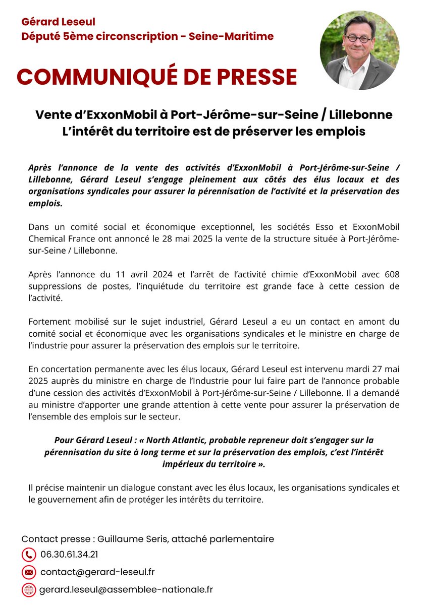 Vente d'ExxonMobil à Port-Jérôme-sur-Seine / Lillebonne, le repreneur potentiel doit s'engager sur la pérennisation du site à long terme et sur la préservation des emplois. C'est l'intérêt impérieux du territoire !