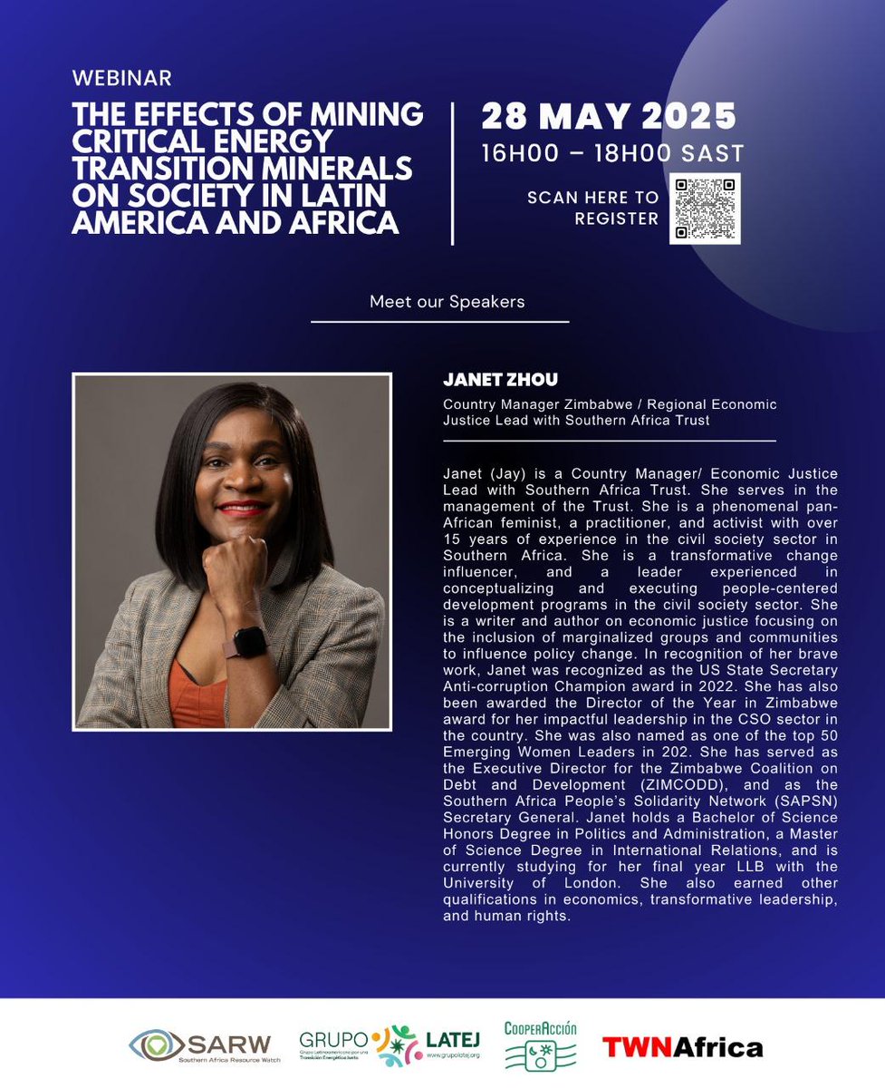 📣 Join our Regional Economic Justice Lead this afternoon as she speaks 🗣 on the socio-economic impacts of Africa's growing demand for critical minerals on marginalised individuals and groups.
Register and join the conversation here: shorturl.at/vdzFE