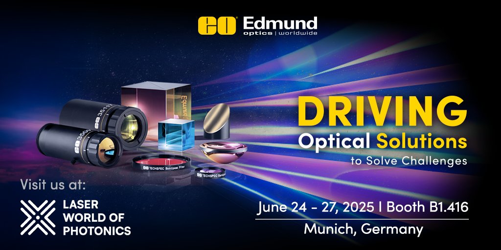We're excited to exhibit at @LASERWorldofPhotonics in Munich! 🚀
Stop by Hall B1, Booth 416 to see our latest tech, demos &amp; innovations in optics.

📅 June 24–27
👉 #EdmundOptics #LASERWorldofPHOTONICS #laser #photonics #technology #conference