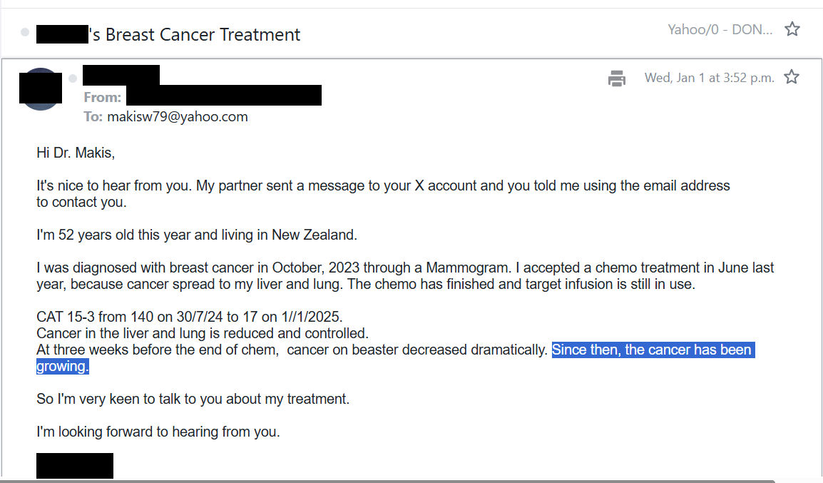 MakisMedicine's tweet photo. NEW ARTICLE: IVERMECTIN and MEBENDAZOLE Testimonial - 52 year old New Zealand Woman with Stage 4 Breast Cancer metastatic to liver, lung and bones fails conventional therapy but gets a 2nd chance!

Cancer success story from the opposite side of the globe 😃

STORY:
52 year old New Zealand Woman with Stage 4 Breast Cancer (Triple Positive) metastatic to liver, lung and bones

Jun-Nov.2024: Paclitaxel, Pertuzumab, Transtuzumab
Nov.2024 onwards: Pertuzumab, Transtuzumab, Tamoxifen

Breast tumor started to grow again in Nov.2024

Mid January 2025 we started:

Ivermectin 1.0mg/kg/day
Mebendazole 1000mg/day

Radiation Oncologist proceeded with Radiation Therapy 26Gy in 5 fractions

RESULTS after 2 months on CT:

Overall response:

Resolution of breast mass (due to Ivermectin/Meben + Radiation)

Resolution of malignant right pleural effusion (Ivermectin/Meben + Perjeta + Herceptin + Tamoxifen)

Improvement of liver and bone metastases (Ivermectin/Meben + Perjeta + Herceptin + Tamoxifen)

Let's hear from the patient:

"It has been four months since you provided the protocol on Jan.16, 2025 and I'm thrilled to report significant improvement. The breast cancer mass has nearly disappeared and I feel much better overall"

"The breast cancer mass has now reduced dramatically with no further bleeding and significant recovery of the surrounding skin"

"My family and I are deeply grateful for your guidance during this critical time.

I run the world's largest Ivermectin Cancer Centre.

We have the most experienced team.
Our work is complex and nuanced. 

I don't advertise AT ALL and cancer patients from around the world seek me out and request assistance.

There are 2 different processes involved in the excellent treatment response:

Radiosensitization of Ivermectin/Meben with conventional Radiation Therapy

Synergy of Ivermectin/Meben with Targeted Therapy and Hormone Therapy

This is Cancer Treatment at the cutting edge.
Revolutionary.

We don't need an mRNA Cancer Vaccine, AI generated therapies or NK Cell Infusions costing $100,000s.

This is why Big pharma is launching coordinated attacks against me. But they have all fallen flat.

Who will they send next? 🤔

Article Link in photo to avoid shadowban, just re-type the URL in the first photo at the top, into your browser to access.

@joerogan
