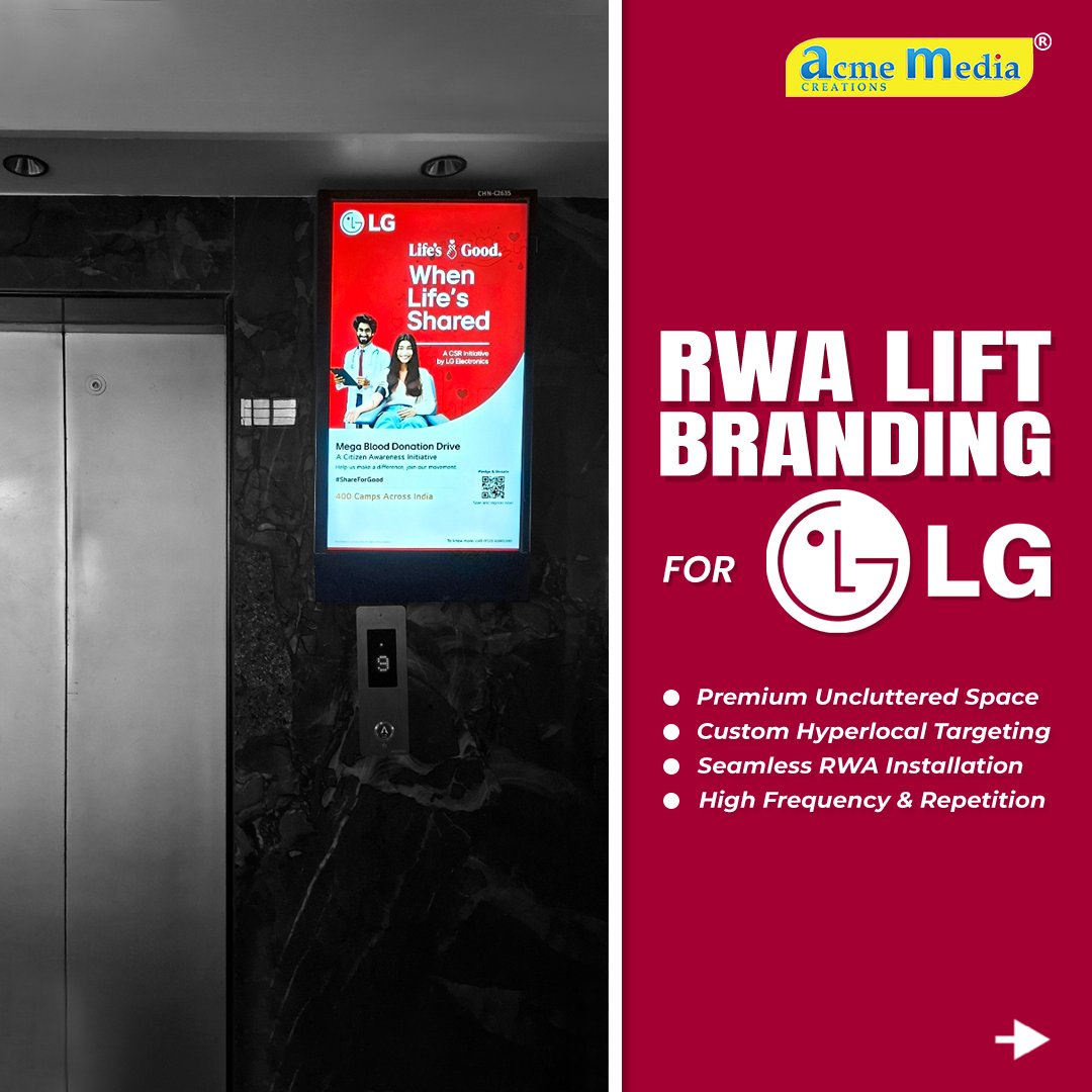 acmemedia_cn's tweet photo. We executed DOOH RWA lift branding for the LG brand at prominent residential locations. 

Get custom quotes for Lift Advertising 
📞+91 96430 19086, or info@acmemedia.in https://t.co/2gDkcEcokx