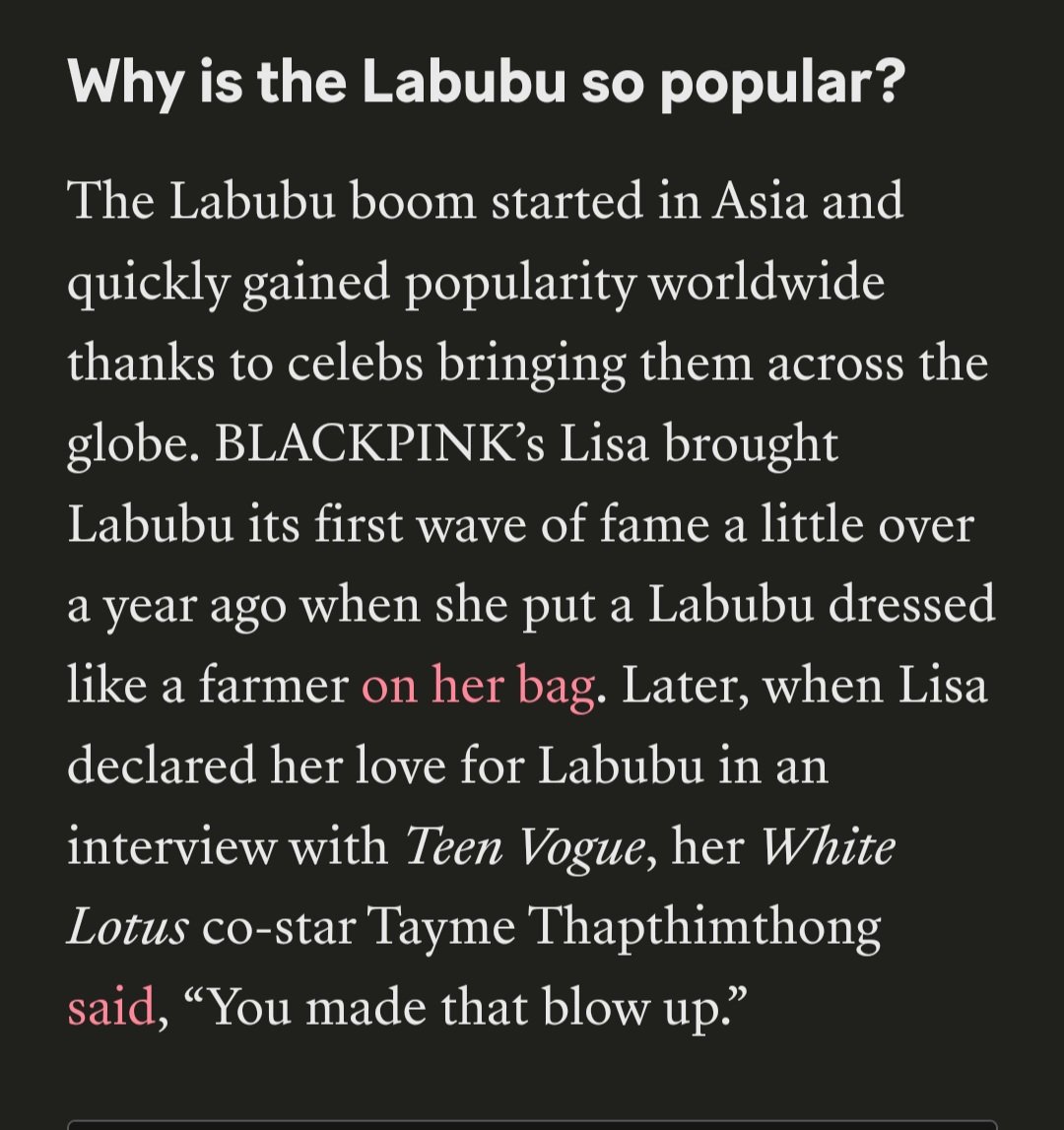 cherry_bb1's tweet image. ทำไม #LABUBU ถึงได้รับความนิยม? -กระแสความนิยมของLbbเริ่มต้นในเอเชียและได้รับความนิยมไปทั่วโลกอย่างรวดเร็วด้วยความช่วยเหลือจากเหล่าคนดังที่พาLbbไปทั่วโลก #LISA BPทำให้Lbbโด่งดังเป็นครั้งแรกเมื่อกว่า 1 ปีที่แล้ว เมื่อเธอห้อยLbbที่แต่งตัวเหมือนชาวนาไว้บนกระเป๋า/1
#LALISA