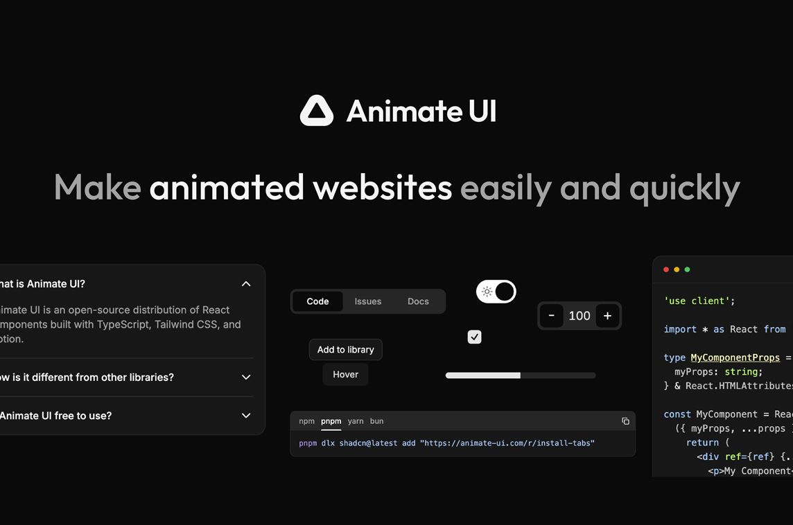 MadeWithReactJS (@madewith_react) on Twitter photo .<a href="/animate_ui/">Animate UI</a> is an open-source collection of animated UI components built with React, TypeScript, Tailwind CSS & Motion 📦️💫 - madewithreactjs.com/animate-ui .<a href="/animate_ui/">Animate UI</a> is an open-source collection of animated UI components built with React, TypeScript, Tailwind CSS & Motion 📦️💫 - madewithreactjs.com/animate-ui