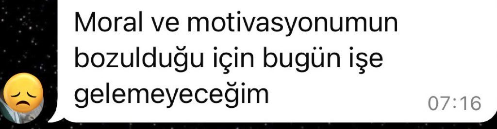 Sabah ustalardan biri şantiyenin rapor ve izin grubuna attığı mesaj. Çok haklı bir sebep olduğunu düşünüyorum.