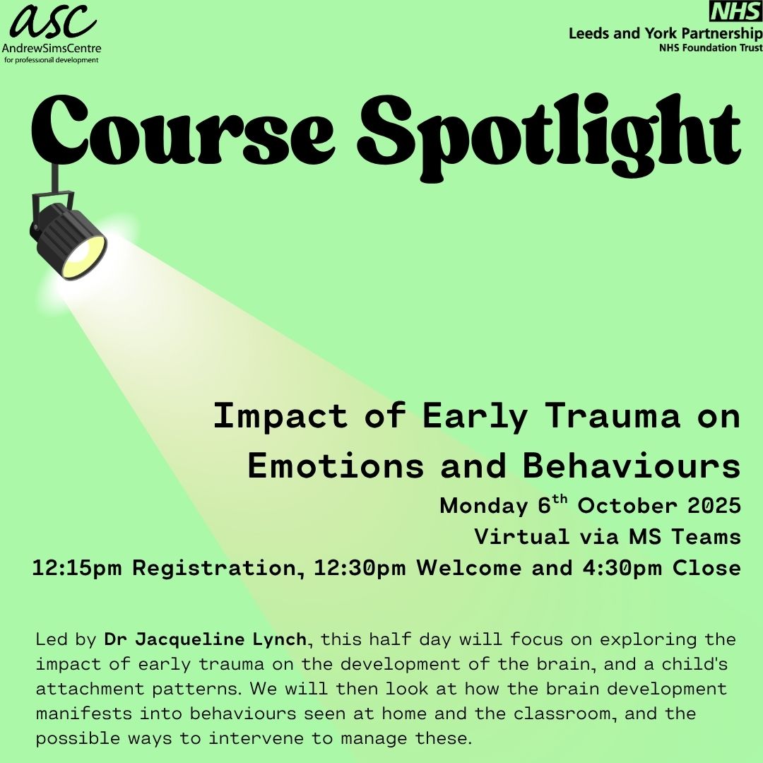 Impact of Early Trauma on Emotions &amp; Behaviours

Led by Dr. Jacqueline Lynch, aims to equip professionals with skills to recognize the neurological effects of trauma and develop strategies to assist children in various settings

To book on: rb.gy/p251ac