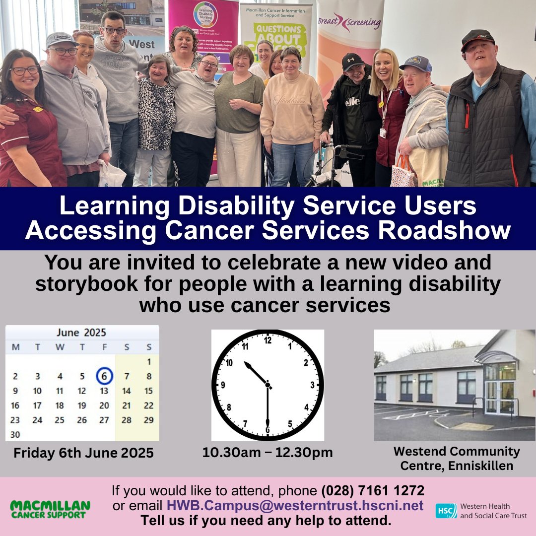 Western Trust (@westernhsctrust) on Twitter photo After the launch of 2 resources to help improve the experience for Adults with a Learning Disability accessing Cancer Services in collaboration with <a href="/macmillancancer/">Macmillan Cancer Support</a> our next roadshow is at
Westend Community Centre Enniskillen
Fri 6 June
10:30AM–12:30PM
westerntrust.hscni.net/new-resource-f… After the launch of 2 resources to help improve the experience for Adults with a Learning Disability accessing Cancer Services in collaboration with <a href="/macmillancancer/">Macmillan Cancer Support</a> our next roadshow is at
Westend Community Centre Enniskillen
Fri 6 June
10:30AM–12:30PM
westerntrust.hscni.net/new-resource-f…
