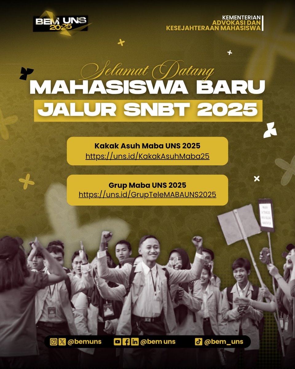 hallo_uns's tweet photo. SELAMAT DATANG MAHASISWA BARU UNS JALUR SNBT 2025

Hallo Semar Muda 2025! Selamat ya sudah resmi diterima sebagai mahasiswa baru UNS!  Untuk informasi lebih lanjut, silakan bergabung ke dalam grup dan menghubungi kakak asuh, ya! 🥳

https://t.co/zMt6tRRbXR https://t.co/B78KijJErV https://t.co/9YGJ5YDZBP
