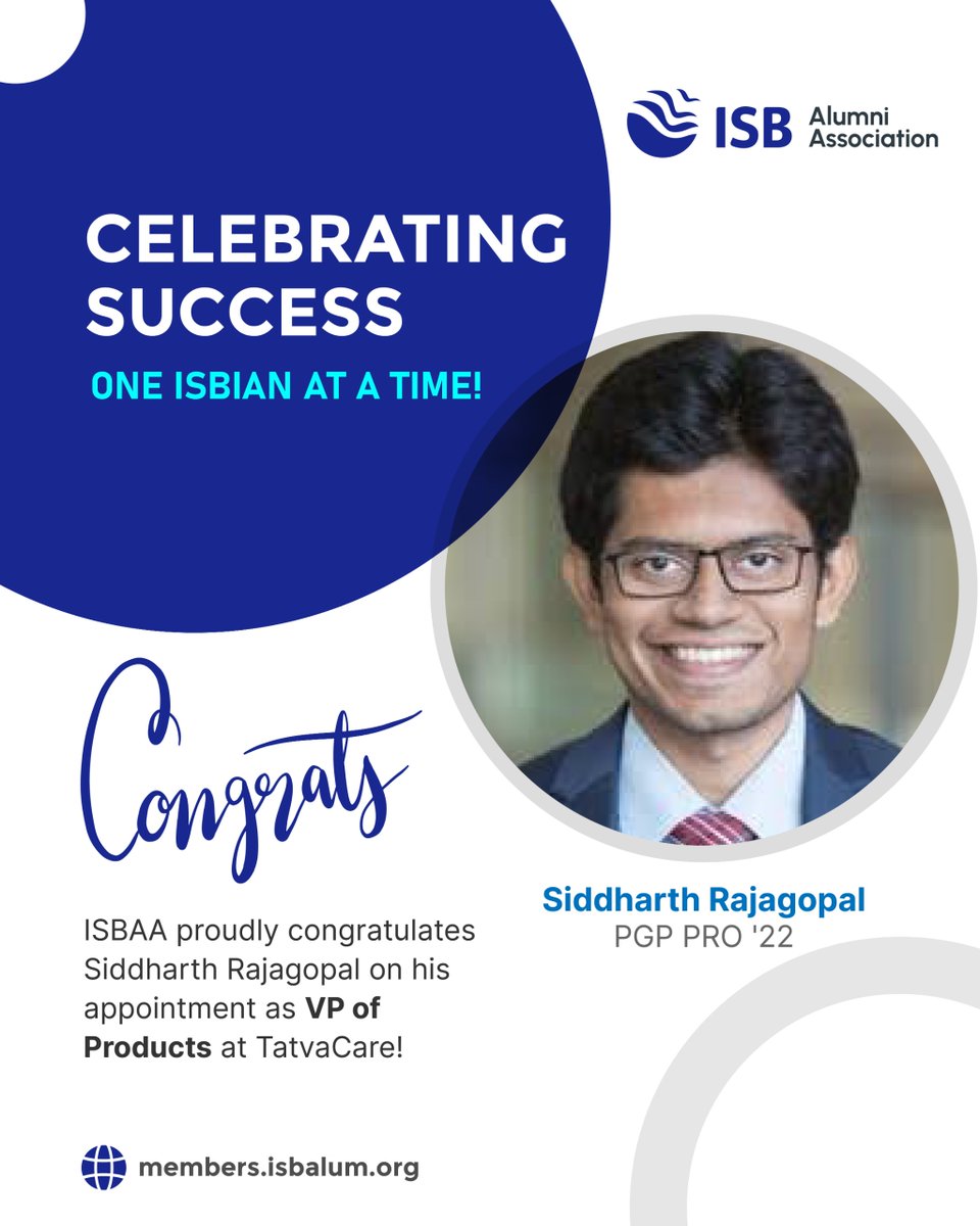 TheISBAlumni's tweet image. 🎉 Celebrating Success – One ISBian at a Time!

The ISB Alumni Association congratulates Siddharth Rajagopal (PGP PRO ’22) on his appointment as VP of Products at TatvaCare.

#ISBAlumni #ISBianSuccess #ISBPGPPRO  #LeadershipJourney #ProductLeadership #VPofProducts #TatvaCare