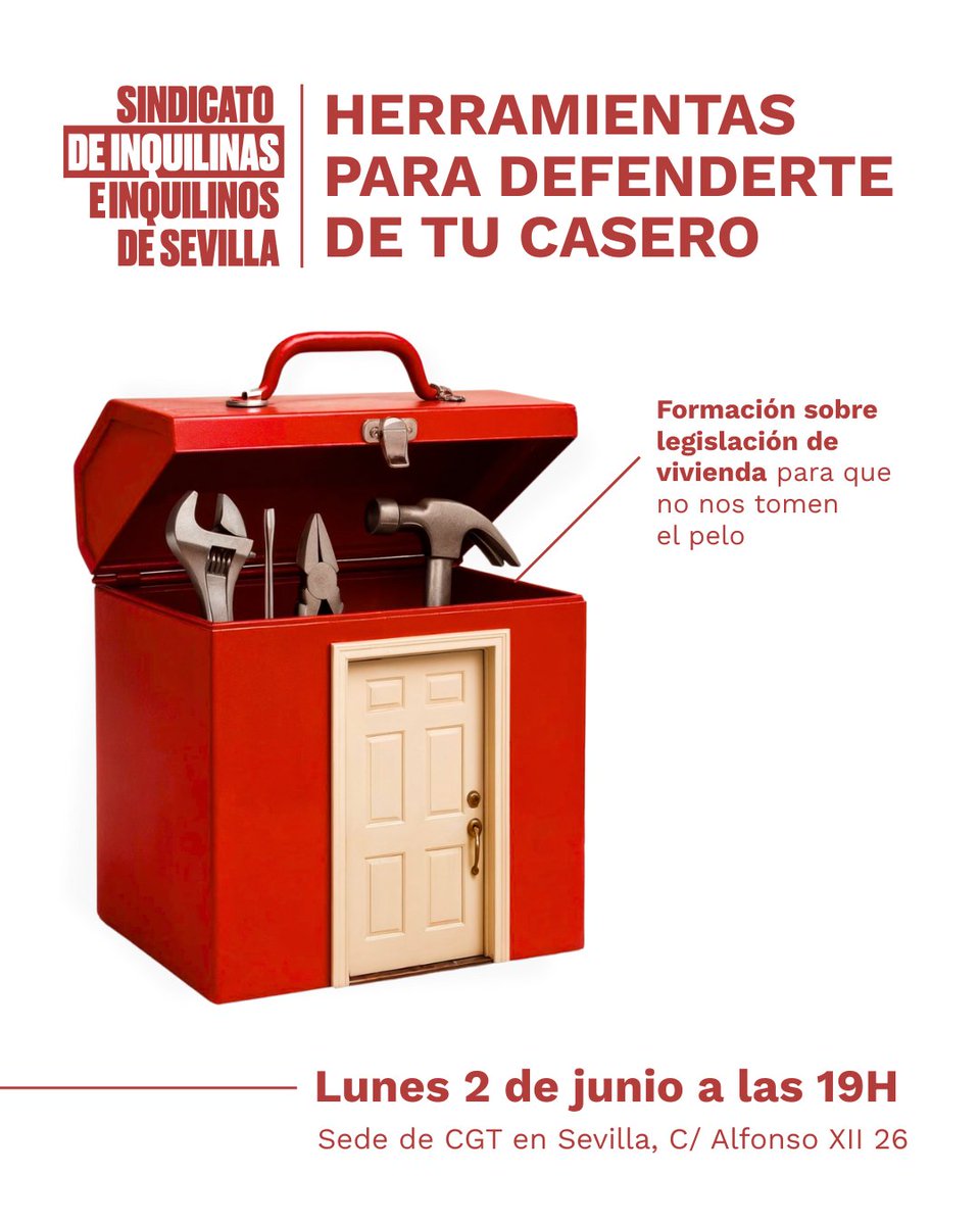 ❌ Ellos tienen sus herramientas, nosotras también las nuestras.

➡️ Vente a nuestra formación para dotarnos de todos los recursos para que ningún rentista se aproveche de los inquilinos e inquilinas.

👥 Somos más y tenemos que golpear juntas.