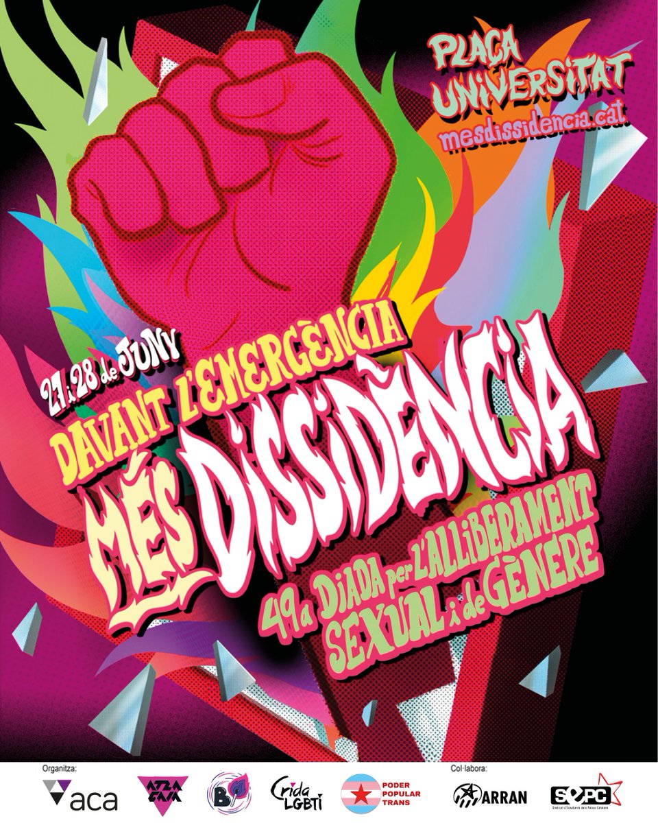 Davant l'emergència, més dissidència! 🏳️‍🌈🏳️‍⚧️

Sortim al carrer amb motiu de la 49a diada per l'alliberament sexual i de gènere!

Divendres 27 de juny: acte polític

Dissabte 28 de juny: manifestació i festa popular

#MésDissidència

👉 mesdissidencia.cat