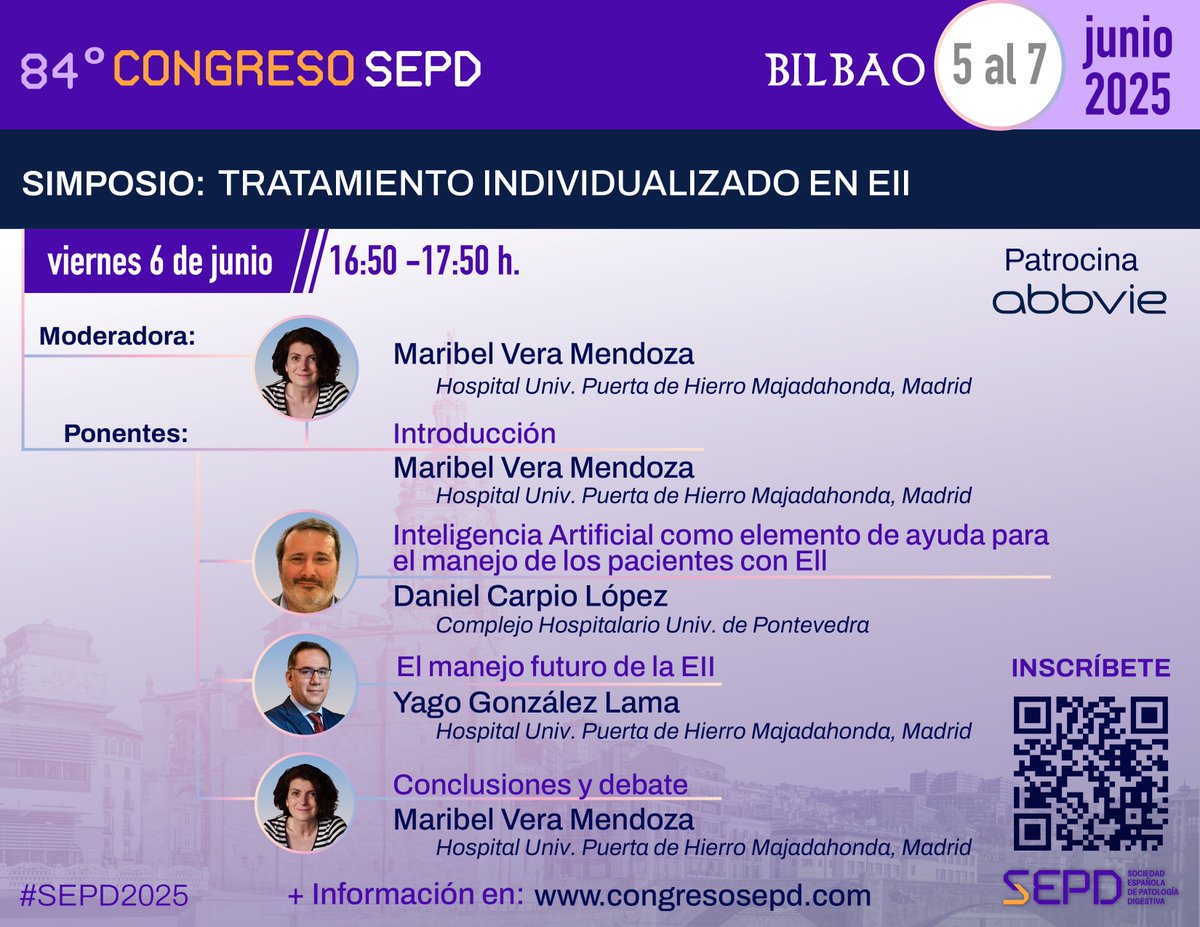 Sociedad Española de Patología Digestiva (SEPD) (@sepdigestiva) on Twitter photo 🧩 SIMPOSIO: TRATAMIENTO INDIVIDUALIZADO EN EII
• #IA como herramienta de soporte clínico
• Nuevas estrategias terapéuticas
👉 Medicina personalizada y tecnologías emergentes al servicio del paciente.
<a href="/MaribelVeraTW/">Maribel Vera Mendoza</a> <a href="/dcarlop1/">Daniel Carpio</a> <a href="/YagoGlezLama/">Yago González Lama</a> #SEPD2025 🧩 SIMPOSIO: TRATAMIENTO INDIVIDUALIZADO EN EII
• #IA como herramienta de soporte clínico
• Nuevas estrategias terapéuticas
👉 Medicina personalizada y tecnologías emergentes al servicio del paciente.
<a href="/MaribelVeraTW/">Maribel Vera Mendoza</a> <a href="/dcarlop1/">Daniel Carpio</a> <a href="/YagoGlezLama/">Yago González Lama</a> #SEPD2025
