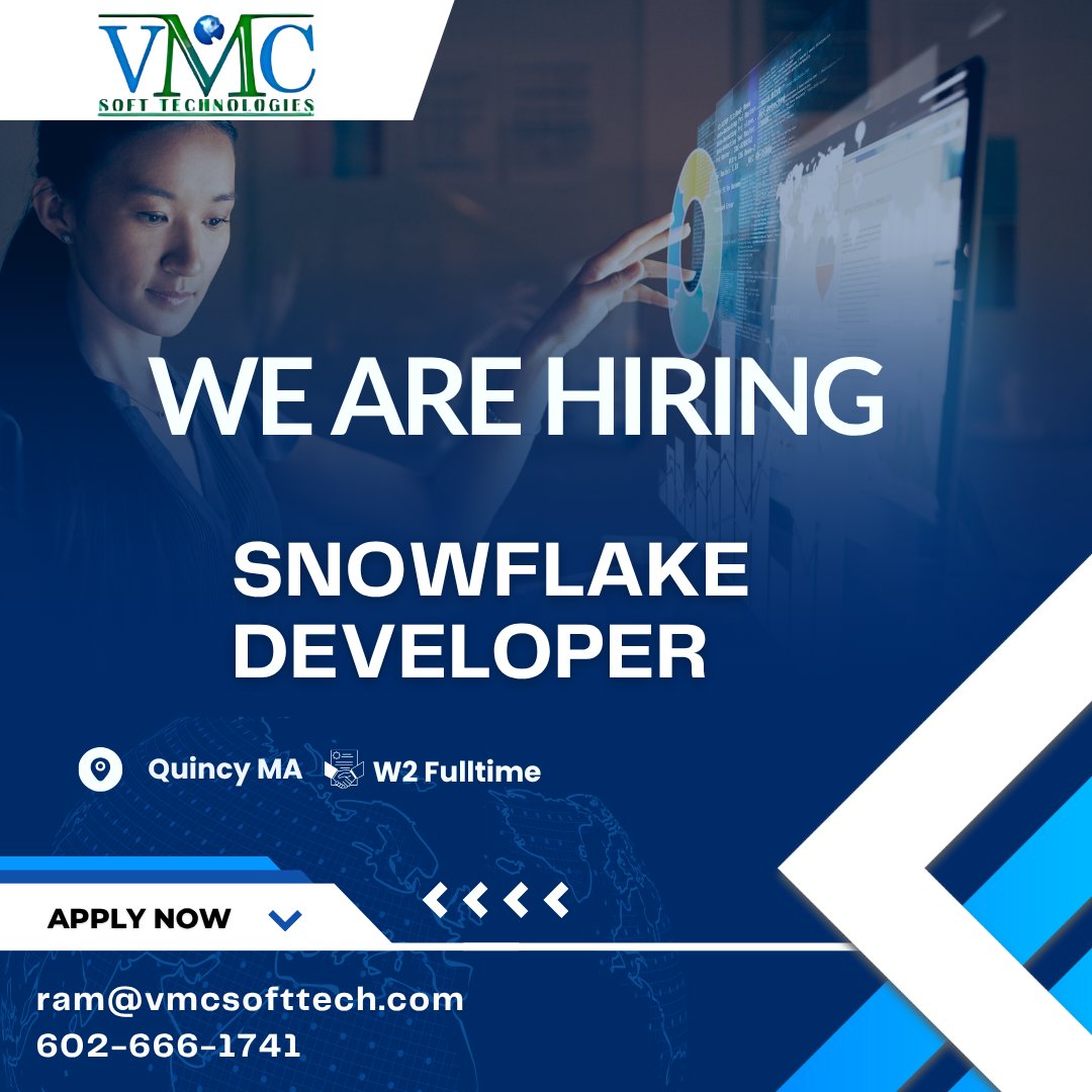 vmc_softtech's tweet image. VMC Soft Technologies is looking for Snowflake Developer in Quincy MA

Apply Now: lnkd.in/gRApKNeJ

#vmcsofttech #etltesting #bangalore #xpresdata #etlcourse #bestcoaching #offlinetraings #project #liveprojects #marathahalli #informatica #snowflake #database #sql #bigdata