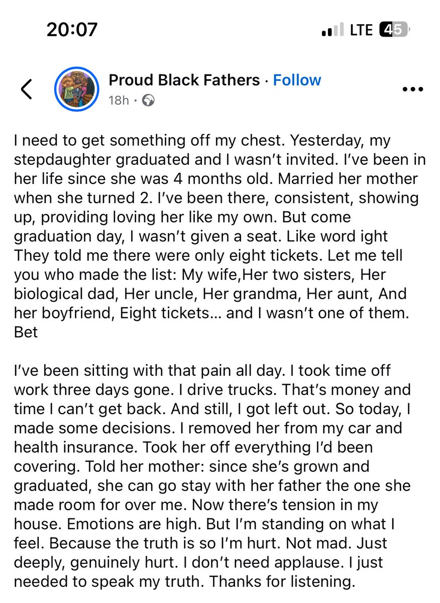 techmate_ct's tweet image. The hell some men go through...
You take care of another man's kid then when the girl turns 18 they play you shegge.

Bro, take heart.