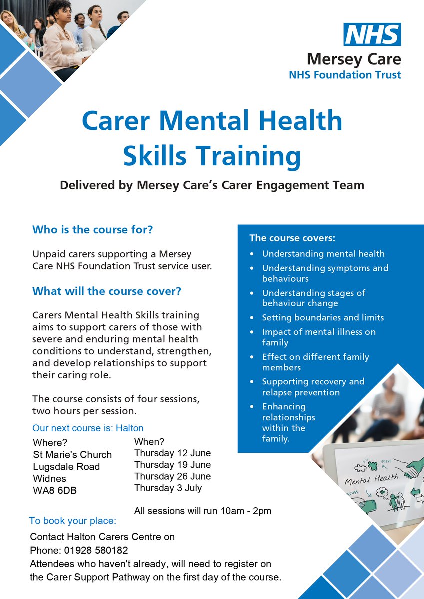 Healthwatch Halton 🏳️🌈 (@hwhalton) on Twitter photo Carer Mental Health Skills Training.
12 June 9.30am – 12pm
19 June 10am – 12pm
26 June 10am – 12pm
3 July 10am – 12pm
St. Maries Church, Widnes.
For more information or to book a place contact Halton Carers Centre: 01928 580182 or help@haltoncarers.co.uk Carer Mental Health Skills Training.
12 June 9.30am – 12pm
19 June 10am – 12pm
26 June 10am – 12pm
3 July 10am – 12pm
St. Maries Church, Widnes.
For more information or to book a place contact Halton Carers Centre: 01928 580182 or help@haltoncarers.co.uk