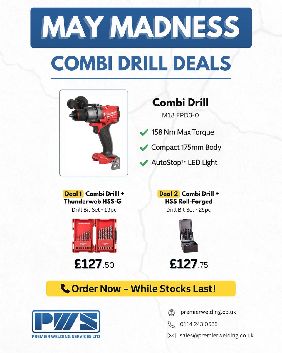 May Madness – <a href="/MilwaukeeTool/">Milwaukee Tool</a> Combi Drill Deals

Two limited-time bundles on the Milwaukee M18 FUEL™ Combi Drill.

Enquire today:
📞 0114 243 0555
📧 sales@premierwelding.co.uk

Browse our full Milwaukee range 👉 tiny.cc/a45l001