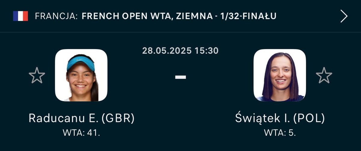 🚨 Konkurs na mecz Raducanu - Świątek 

Ciekawy mecz na Roland Garros z Igą w roli głównej. 5 najszybszych osób zgarnie 2 dyszki do <a href="/BetclicPolska/">Betclic Polska 🔞</a> za poprawne podanie wyniku meczu, np: 0:6, 0:6 

Oczywiście zostawcie serduszko i podajcie dalej ✅💪 powodzenia!