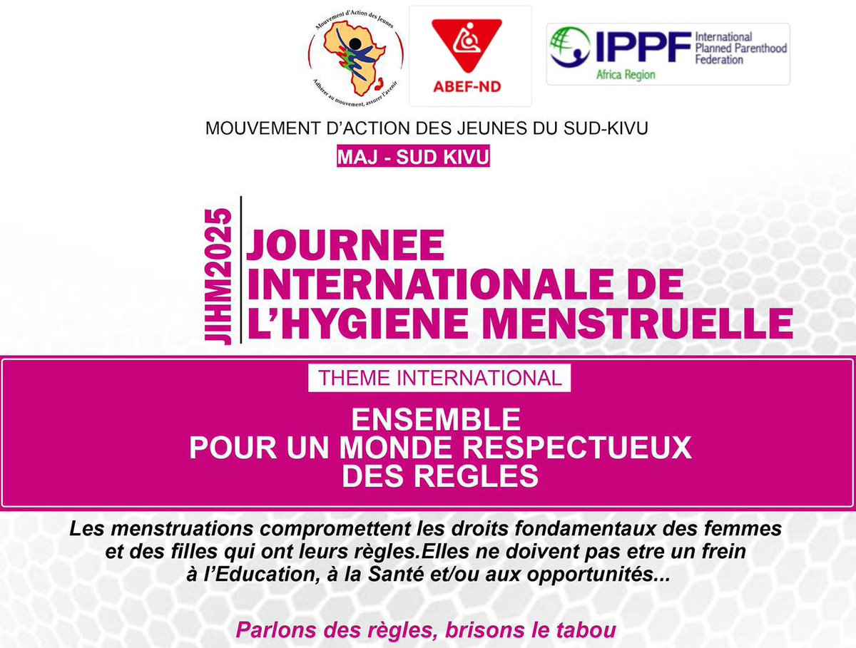 abefnd_rdc's tweet photo. Le monde célèbre le 28 mai de chaque année, la journée internationale de l'hygiène menstruelle. Une journée  d'action pour créer un monde où personne n'est retenue simplement parce qu'il a ses règles.
Parlons des règles, brisons le tabou. @IPPFAR @UNFPARDC @MinSanteRDC @yarhdrc https://t.co/xVdL0qVrHI
