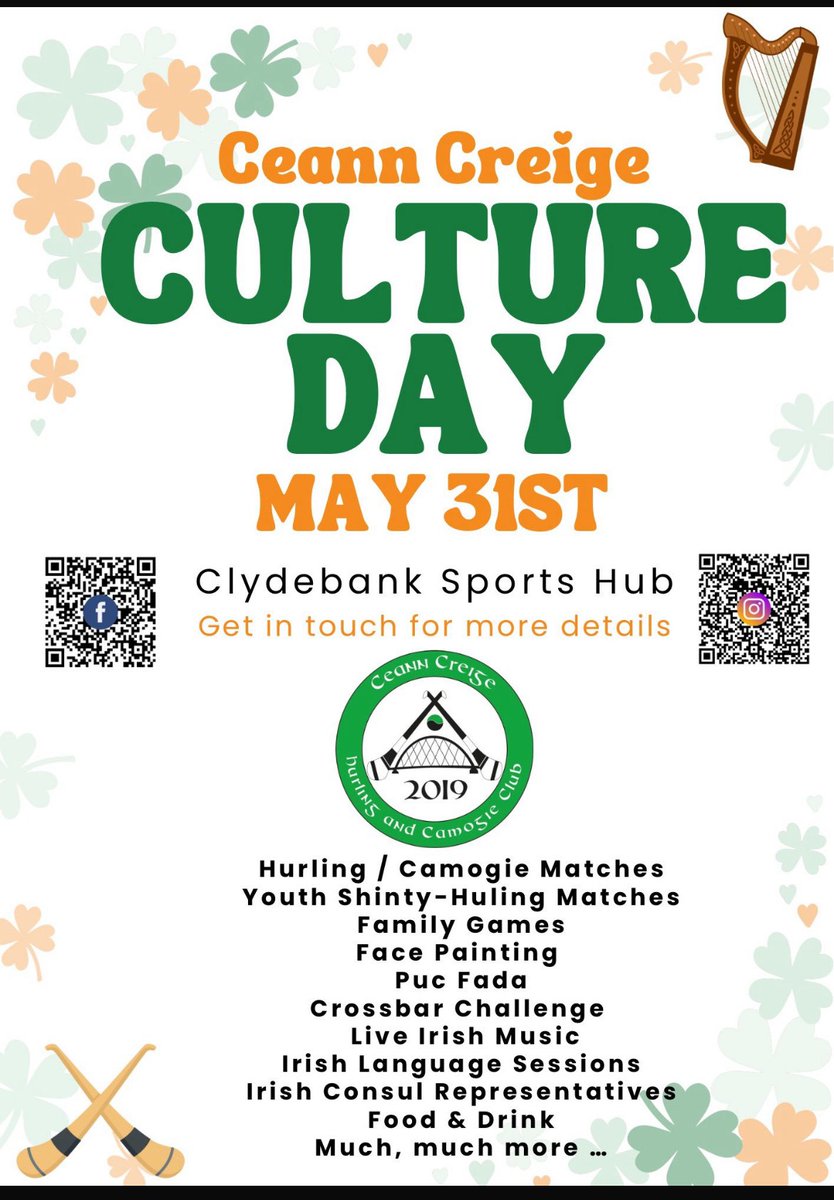 Saturday: Ceann Creige Culture Day at at Clydebank Community Sports Hub
An exciting day of Hurling and Camogie matches, Hurling vs Shinty match as well as live Irish music, Irish language sessions, family games, face-painting and more. 
Details at: bit.ly/CGIrl2025