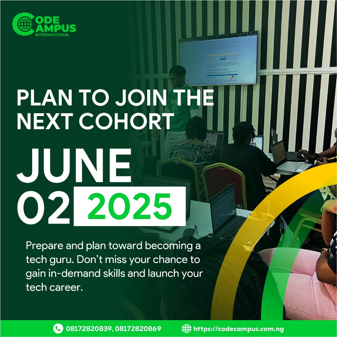 codecampusng's tweet image. Join the next Code Campus International cohort starting June 2, 2025!
Whether you're starting from scratch or looking to boost your skills,
Start Date: June 2, 2025
Contact: 08172820839, 08172820869
#TechTraining #CodeCampus #TechCareer #LearnToCode #NigeriaTech #JuneCohort2025