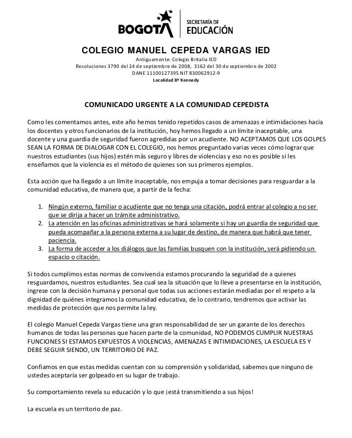 Mauricio Correa Tribín (@tribinmauricio) on Twitter photo Las escuelas son territorios de paz, es obligación de <a href="/Educacionbogota/">Secretaría de Educación de Bogotá</a> garantizar la seguridad de la comunidad educativa, no más oídos sordos por parte de <a href="/CarlosFGalan/">Carlos F. Galán</a> e <a href="/IsabelSegoviaO/">Isabel Segovia O</a> los maestros de <a href="/Bogota/">Alcaldía de Bogotá</a> están en riesgo. <a href="/fecode/">fecode</a> <a href="/adebogota/">ADE 🇵🇸</a> <a href="/CanalCapital/">Canal Capital</a> <a href="/miguep_fecode/">Miguel Ángel Pardo Romero</a> Las escuelas son territorios de paz, es obligación de <a href="/Educacionbogota/">Secretaría de Educación de Bogotá</a> garantizar la seguridad de la comunidad educativa, no más oídos sordos por parte de <a href="/CarlosFGalan/">Carlos F. Galán</a> e <a href="/IsabelSegoviaO/">Isabel Segovia O</a> los maestros de <a href="/Bogota/">Alcaldía de Bogotá</a> están en riesgo. <a href="/fecode/">fecode</a> <a href="/adebogota/">ADE 🇵🇸</a> <a href="/CanalCapital/">Canal Capital</a> <a href="/miguep_fecode/">Miguel Ángel Pardo Romero</a>