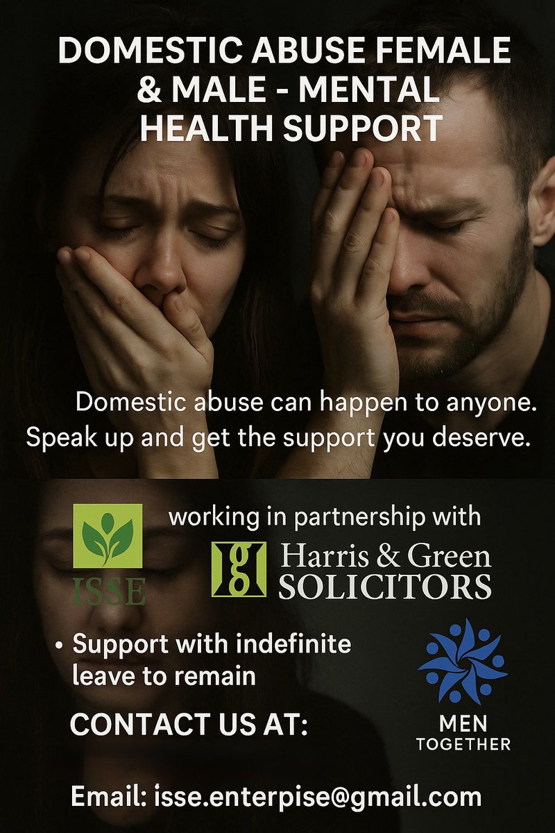 🚨 Domestic abuse affects both women &amp; men.
You’re not alone — support is here.

🧠 Mental health help
⚖️ Legal support (incl. Indefinite Leave to Remain)
🤝 In partnership w/ @HarrisGreenLaw &amp; Men Together

📩 Contact: isse.enterprise@gmail.com
#DomesticAbuse #MentalHealth