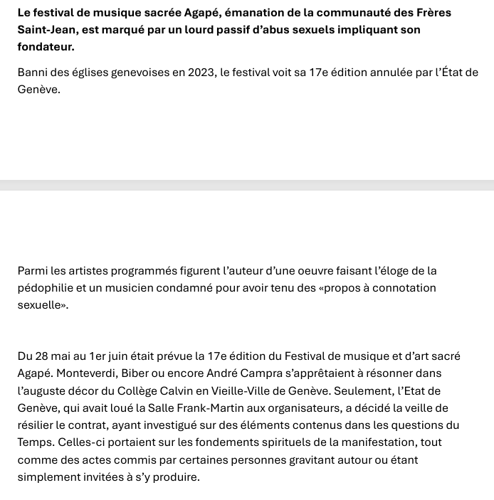 Reparez_'s tweet photo. Annulation du "Festival Agape" par l'Etat de Genève en raison de l'implication d'un ex-frère de St-Jean destitué de l'état clérical pour des agressions sexuelles et la perpétuation de la doctrine de "l'amour-d'amitié" !
👇
Bravo pour la décision des autorités civiles suisses. https://t.co/VxZSk8HWgD