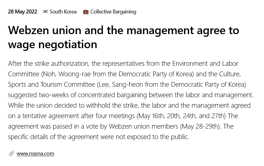 #OtD 28 May 2022 After threatening a strike, Webzen union members reached an agreement with management gameworkersolidarity.com/action/2022-05…