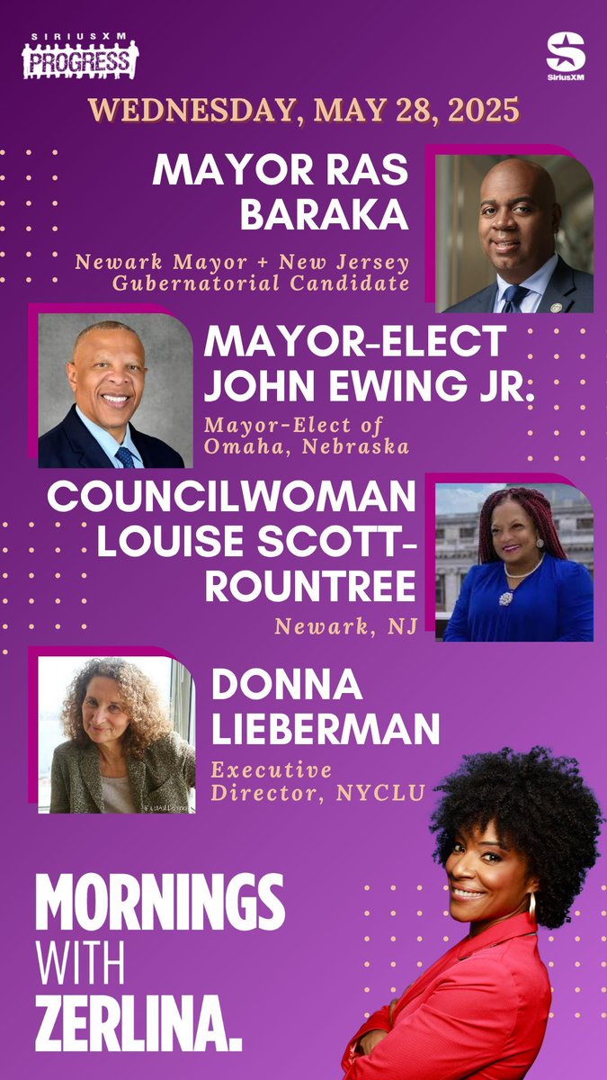 ZerlinaMornings.bsky.social (@zerlinamornings) on Twitter photo Hello Wednesday! Joining Zerlina this morning: Newark Mayor <a href="/rasjbaraka/">Ras J. Baraka</a>, Omaha, NE Mayor-Elect John Ewing Jr., Newark-at-large Councilwoman Louise Scott-Rountree + <a href="/NYCLU/">NYCLU (Find us on Bluesky)</a> Executive Director <a href="/JustAskDonna/">Donna Lieberman</a>!
βοΈ 866-997-4748
π» <a href="/SiriusXMProg/">SiriusXMProg.bsky.social</a> Ch. 127
siriusxm.us/Zerlina Hello Wednesday! Joining Zerlina this morning: Newark Mayor <a href="/rasjbaraka/">Ras J. Baraka</a>, Omaha, NE Mayor-Elect John Ewing Jr., Newark-at-large Councilwoman Louise Scott-Rountree + <a href="/NYCLU/">NYCLU (Find us on Bluesky)</a> Executive Director <a href="/JustAskDonna/">Donna Lieberman</a>!
βοΈ 866-997-4748
π» <a href="/SiriusXMProg/">SiriusXMProg.bsky.social</a> Ch. 127
siriusxm.us/Zerlina