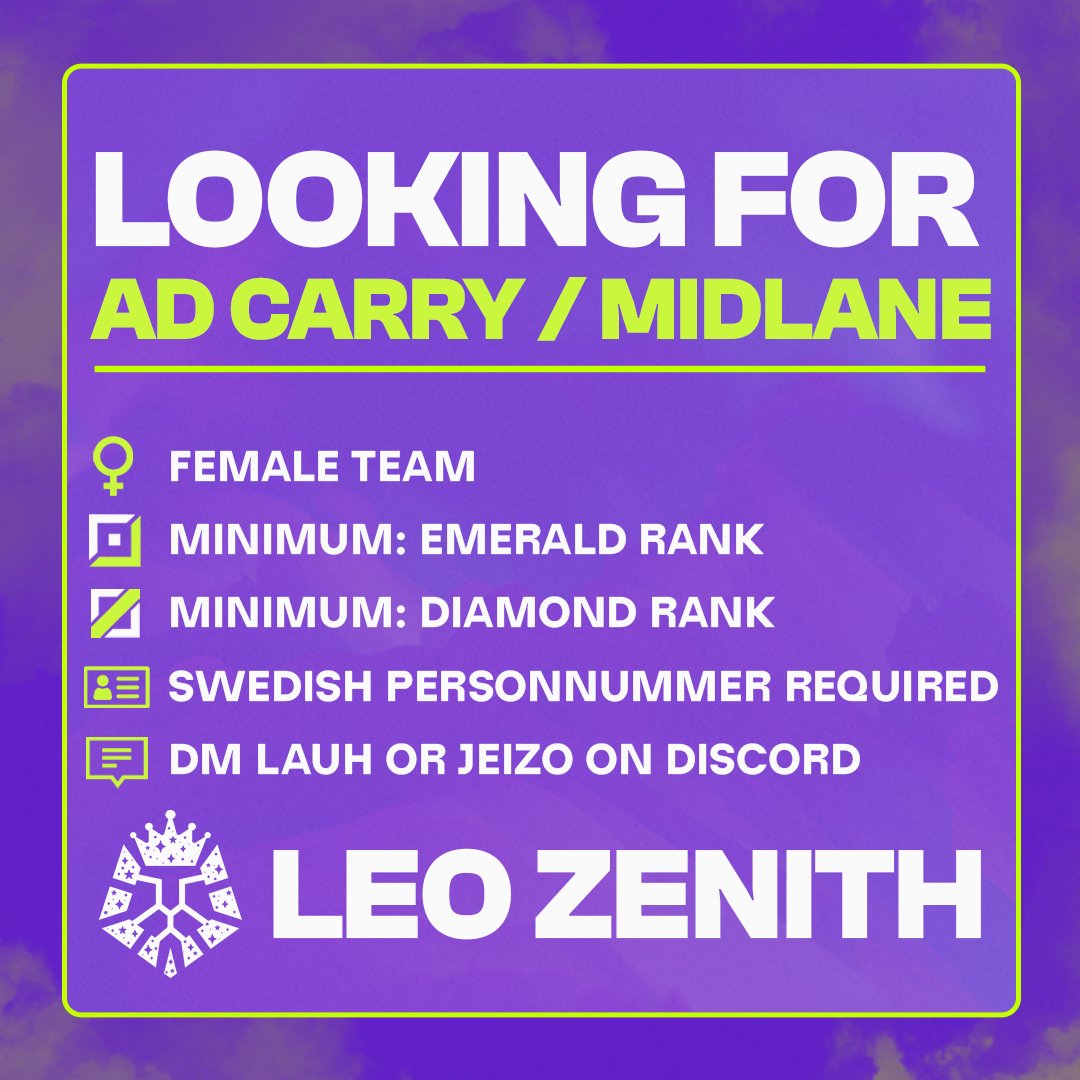 LEO Zenith (@leozenith_) on Twitter photo We are expanding our tryouts to midlane as well! ๐
๐น Main ADC | Emerald+
๐งโโ๏ธ Main mid | Diamond+
๐
Play SOL & female tourneys
๐ Scrim/VODs - 2x/week
๐ Have swedish personr./samordningsnr.
DM <a href="/Jeizo/">Josefine Cornland</a> or <a href="/Lauhx3/">Lauh</a> on discord ๐
๐ Likes and ๐ RTs ๐ซถ
<a href="/LundEsports/">LEO - Lund Esports Organization</a> | #LEOTribe We are expanding our tryouts to midlane as well! ๐
๐น Main ADC | Emerald+
๐งโโ๏ธ Main mid | Diamond+
๐
Play SOL & female tourneys
๐ Scrim/VODs - 2x/week
๐ Have swedish personr./samordningsnr.
DM <a href="/Jeizo/">Josefine Cornland</a> or <a href="/Lauhx3/">Lauh</a> on discord ๐
๐ Likes and ๐ RTs ๐ซถ
<a href="/LundEsports/">LEO - Lund Esports Organization</a> | #LEOTribe