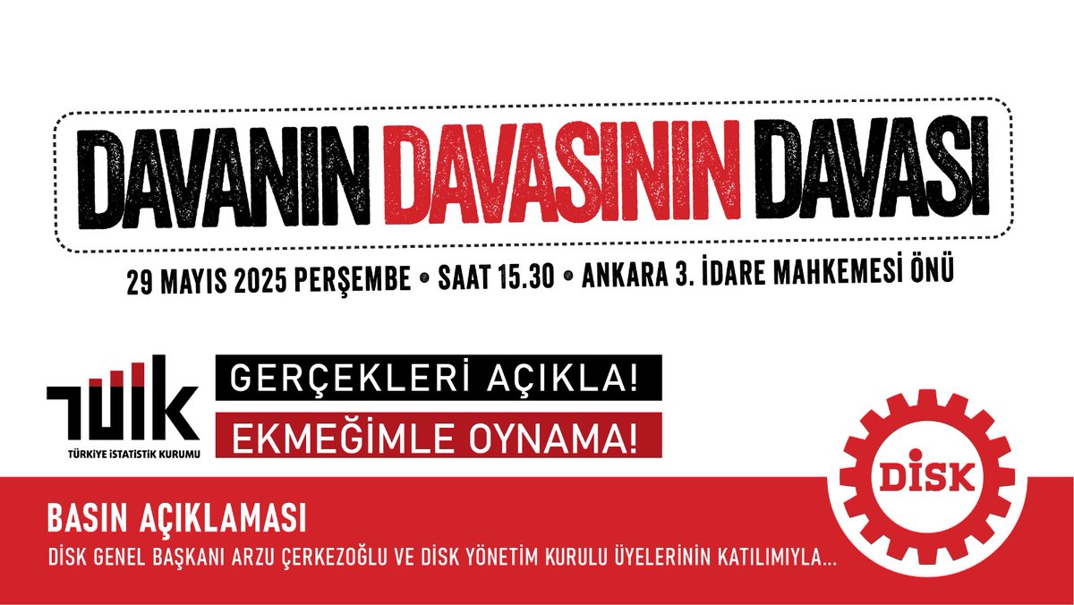 📢 Kesinleşmiş yargı kararlarını hiçe sayarak enflasyon hesabının temelini oluşturan madde fiyat listesini açıklamayan TÜİK'in yargı kararlarına uyması için bir kez daha  mahkemedeyiz.

📢 Açtığımız davanın ilk duruşması öncesinde Ankara 3.İdare Mahkemesi önünde yapacağımız basın