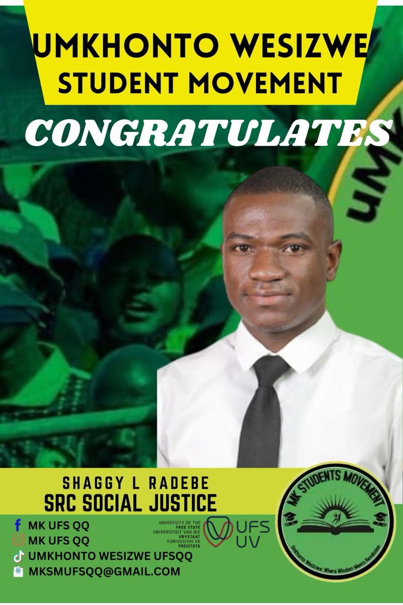 MKSM_Official's tweet image. MKSM would like to congratulate Commander Shaggy Radebe, a former member of parliament deployed by the MK Party, a student at The University of FreeState, for being elected as the UFS CSRC Social Impact.