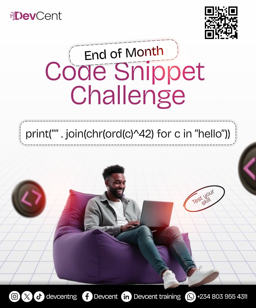 DevcentNg's tweet image. End-of-the-Month #CodeSnippetChallenge is ON!
Drop your smartest, cleanest code of the month 👇
Use #DevCentSnippetChallenge and tag @devcentng to get featured
#Devcent #CodeChallenge #CleanCode #Developers #WomenInTech #100DaysOfCode #TechTwitter #CodeNewbie #BuildInPublic