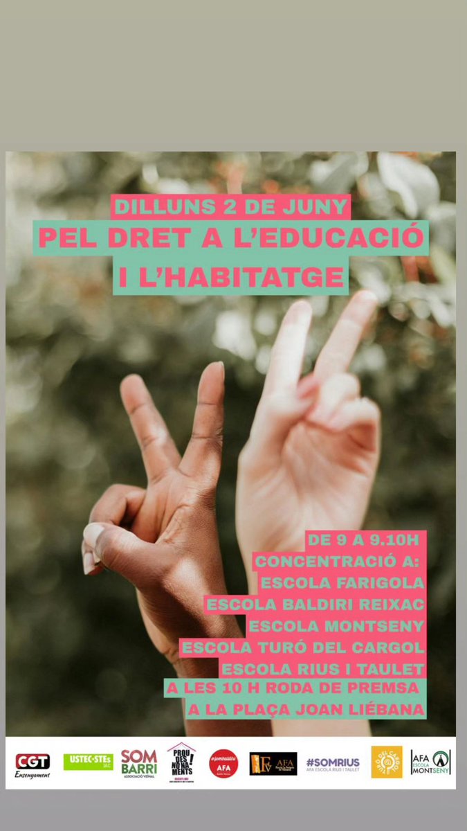 ☝️URGENT!  Volen desnonar 13 alumnes del barri  de Vallcarca i les seves famílies. Les escoles d'aquests menors s'estan mobilitzant per defensar els seus drets. Signem el manifest com centres, Afa's i a nivell individual. Fem-ho córrer! SIGNEM i Reenviem!
forms.gle/JWSbbyuqF6AFSB…