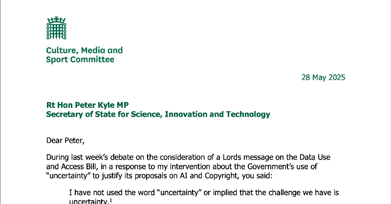 CommonsCMS's tweet photo. Our Chair @CJ_Dinenage has written to @SciTechgovuk Secretary of State Peter Kyle asking for clarity on the Government’s justification for its proposals on AI and copyright.
 
Read the letter 👇