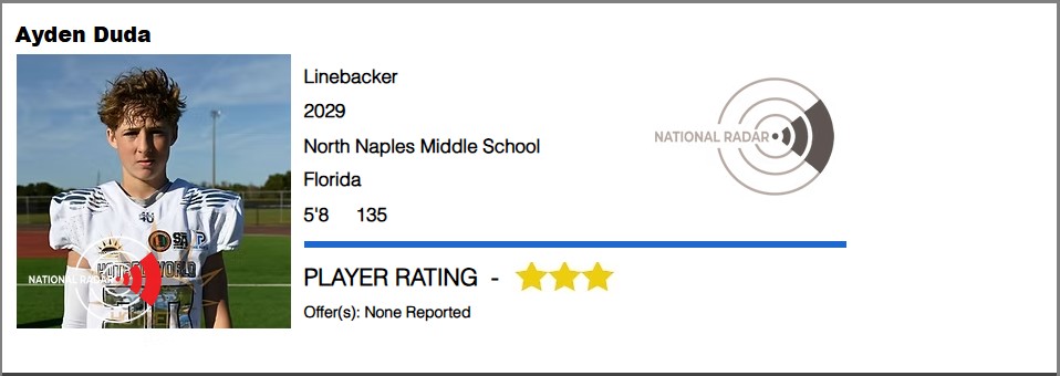 aydenduda2029's tweet image. As one chapter closes, another begins. I step into high school blessed to have received a 3⭐️rating from @dreamallamerica @RecruitNationUS and @nationalradar. I promise to work to my fullest potential, skies the limit. @football_aubrey #mtxe #linebacker @FloridaMaxPreps @FLHSR