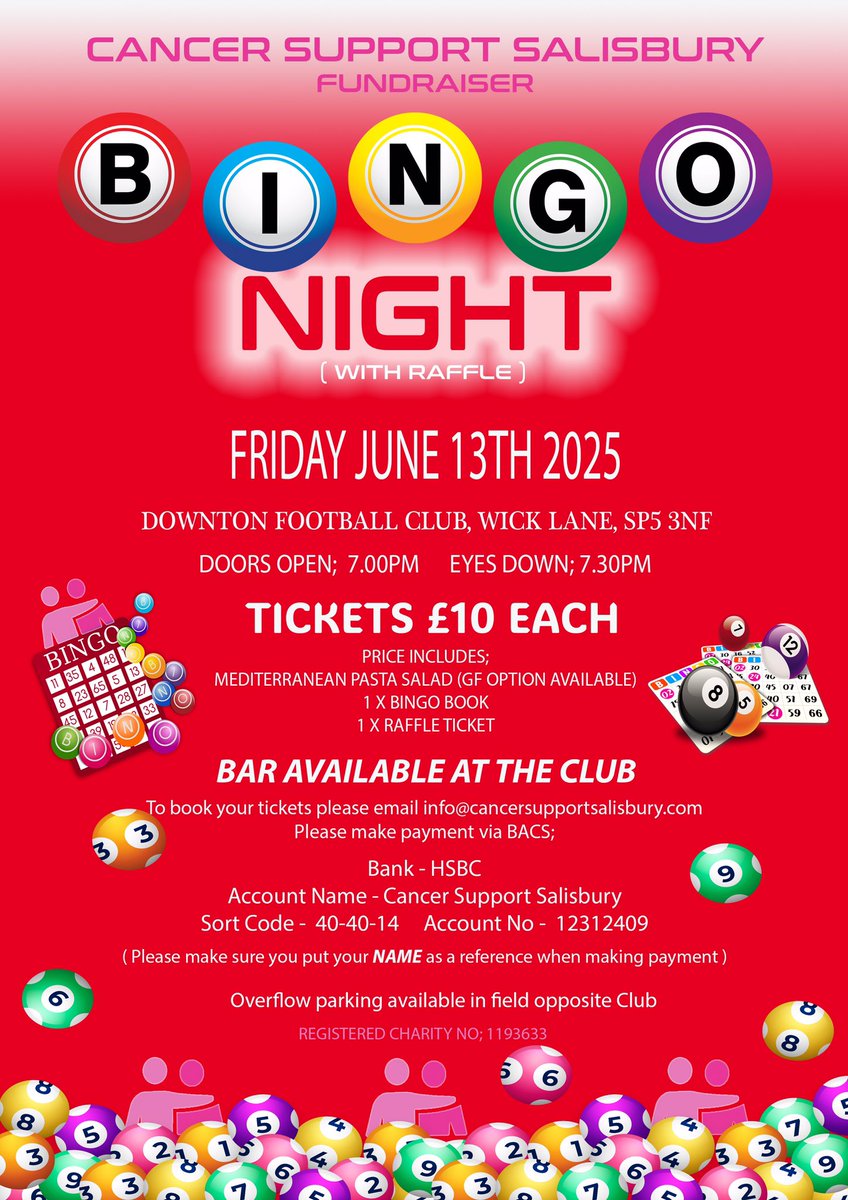 Feeling lucky? It’s eyes down for a fabulous evening of Bingo at The Clubhouse - Downton Football Club on Friday 13th June! Bring your family and friends and join in the fun whilst helping raise funds for our charity. Book your tickets now! We look forward to seeing you there!