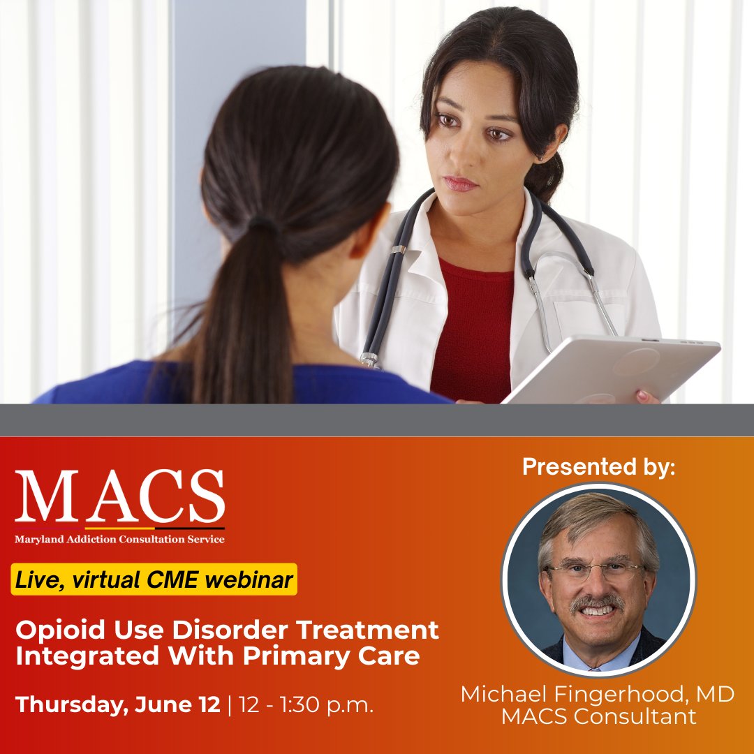 You still have time to register for our live, virtual CME webinar this Thursday from 12 to 1:30 p.m. Join MACS Consultant Dr. Michael Fingerhood as he hosts Opioid Use Disorder Treatment Integrated With Primary Care.

Register here: macs.oasis-lms.com/URL/0612_Socia….

#AddictionTreatment