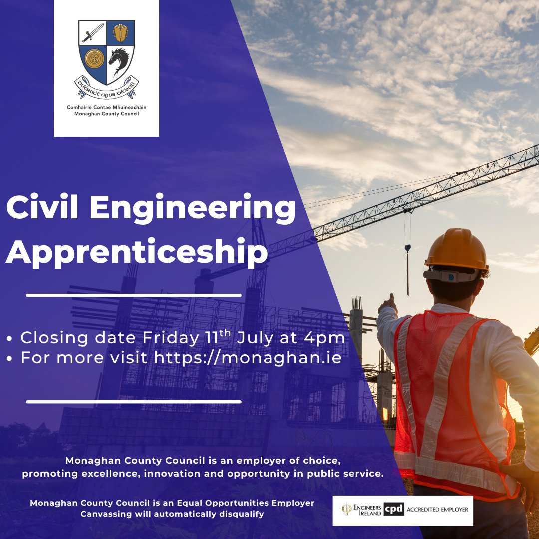 Monaghan County Council (@monaghancoco) on Twitter photo Applications are invited from suitably qualified candidates for inclusion on the following panel:
Civil Engineering Apprenticeship
For more information click the link: Current Vacancies - Human Resources
<a href="/EngineersIreNW/">Engineers Ireland NW</a> Applications are invited from suitably qualified candidates for inclusion on the following panel:
Civil Engineering Apprenticeship
For more information click the link: Current Vacancies - Human Resources
<a href="/EngineersIreNW/">Engineers Ireland NW</a>